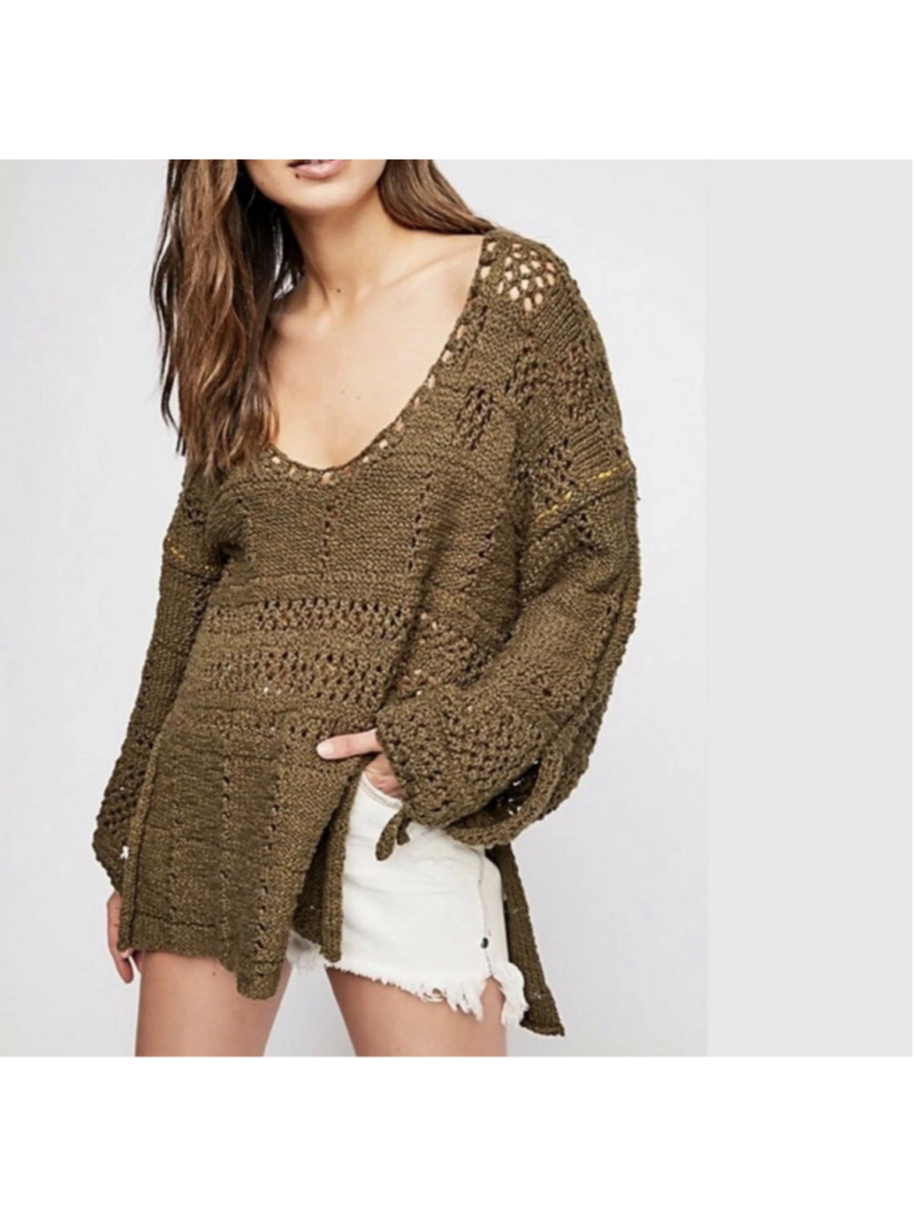 Free People Flower Child Tunic Moss Green Sweater SZ Medium